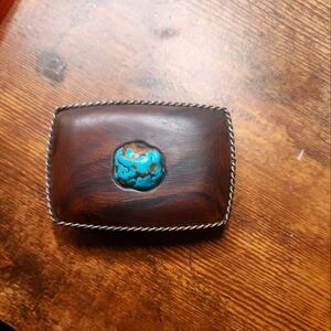 Turquoise Nugget and wood belt buckle with silver trim